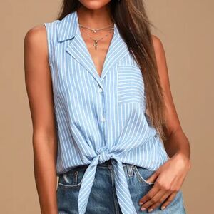Lulus Ready For Sun Blue And White Striped Tie Front Button Up Top Sz M